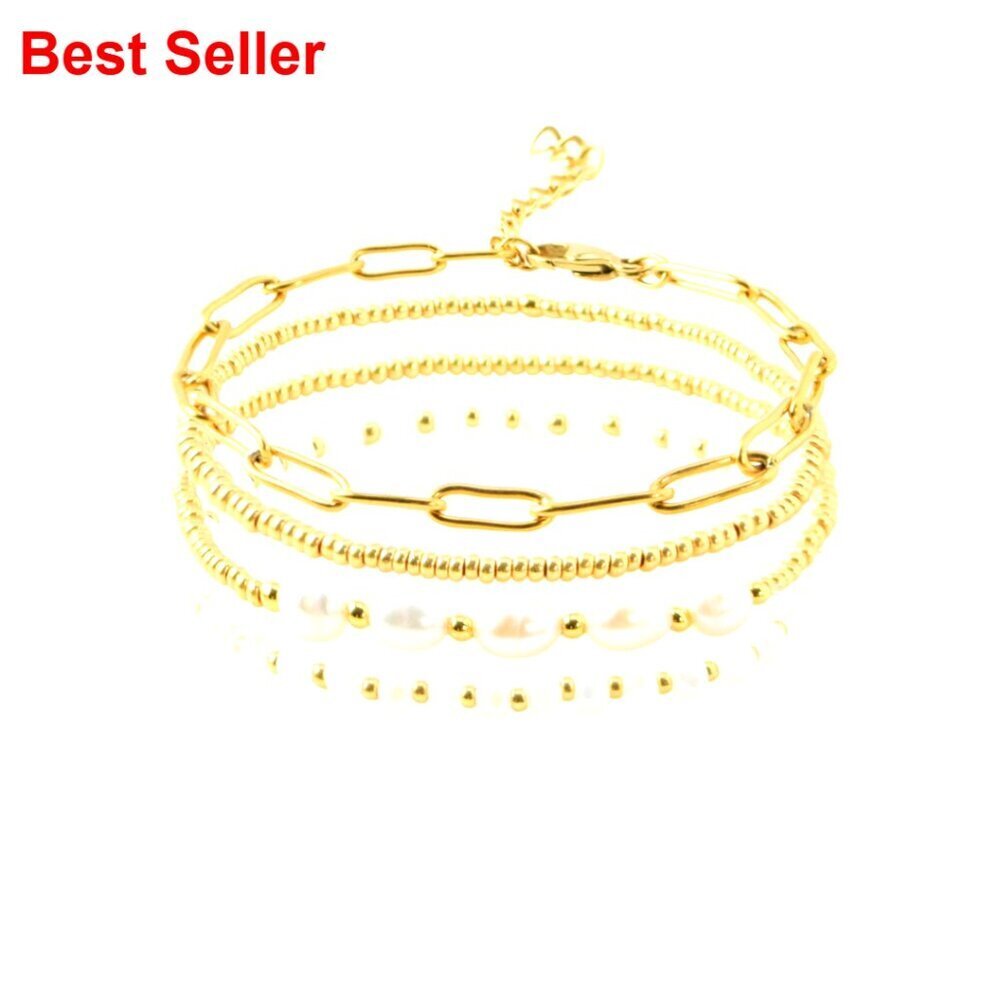 14K Gold Plated Pearl Crystal Beaded Bracelets Set Stackable Adjustable
